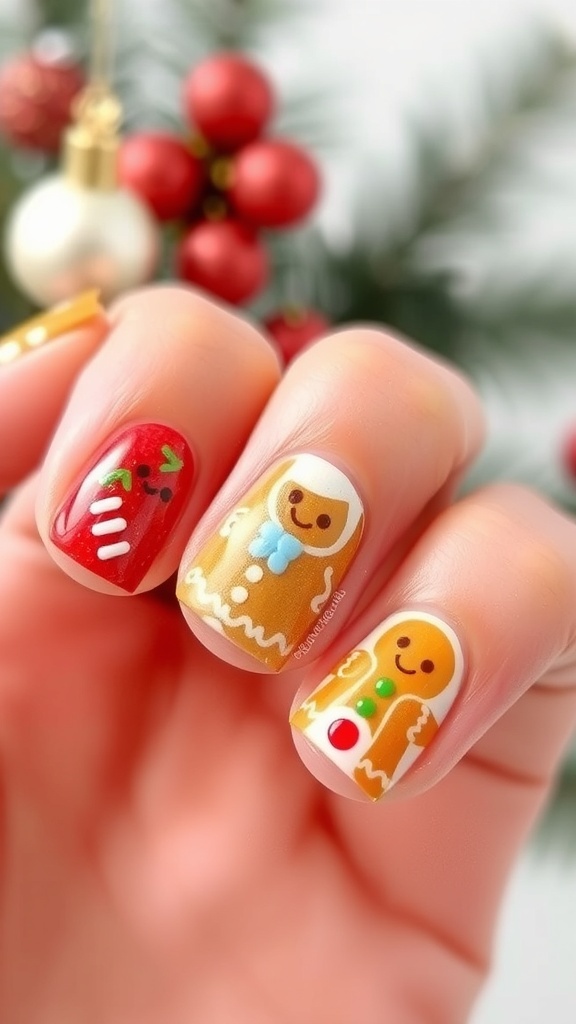 Short nails decorated with gingerbread man designs and festive colors for Christmas.